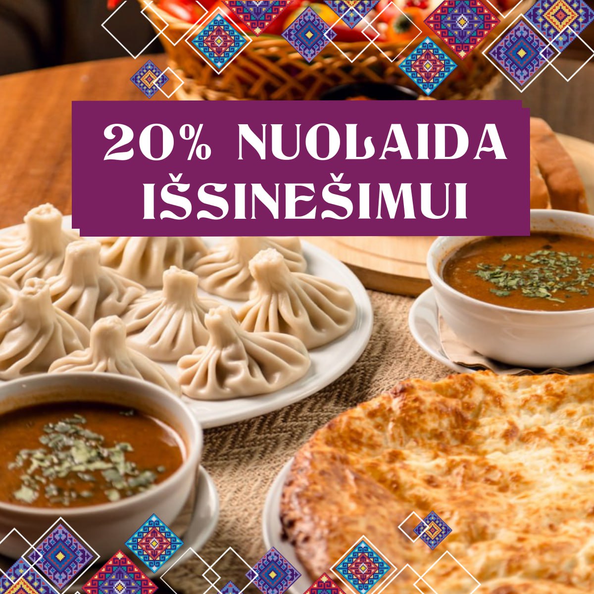 Baneris su akcija „20 % nuolaida išsinešimui“